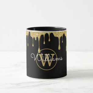 Gold Glitter Drips Monogram Script Black Mug