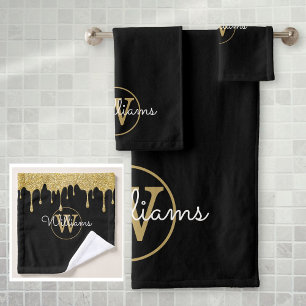Gold Glitter Drips Monogram Script Name Bath Towel Set