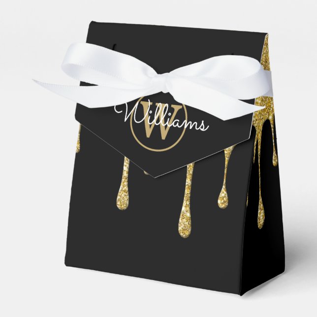 Gold Glitter Drips Monogram Script Name Black Favor Box (Front Side)