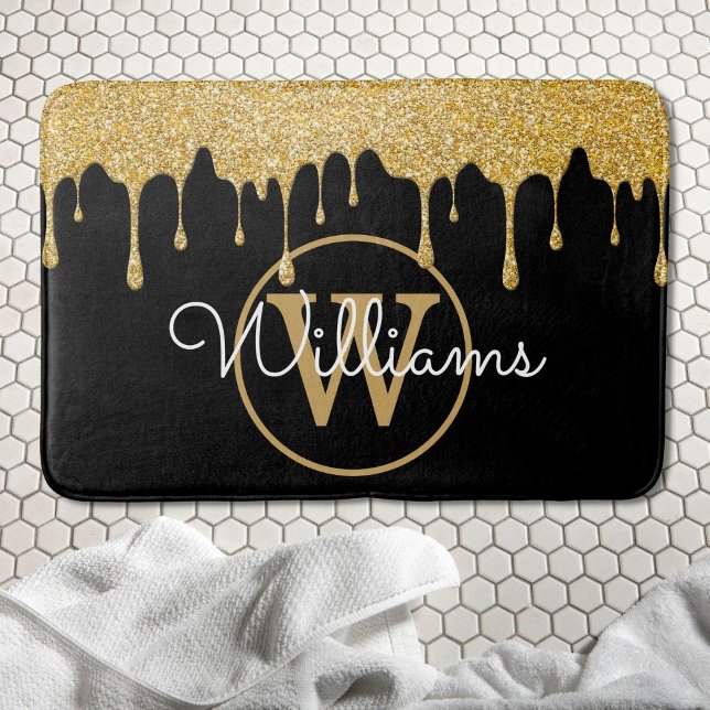 Gold Glitter Drips Monogram Stylish Script Black Bath Mat (Creator Uploaded)