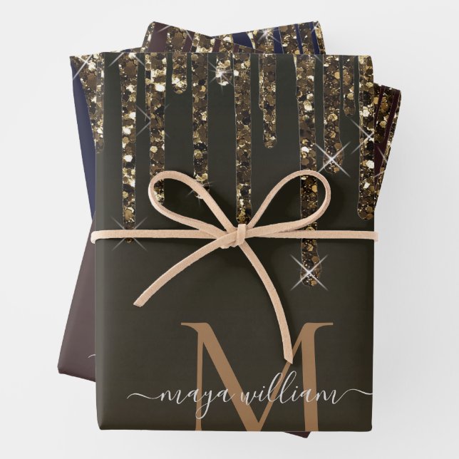  Gold Glitter Drips Personalized Monogram Teacher  Wrapping Paper Sheet (In situ)
