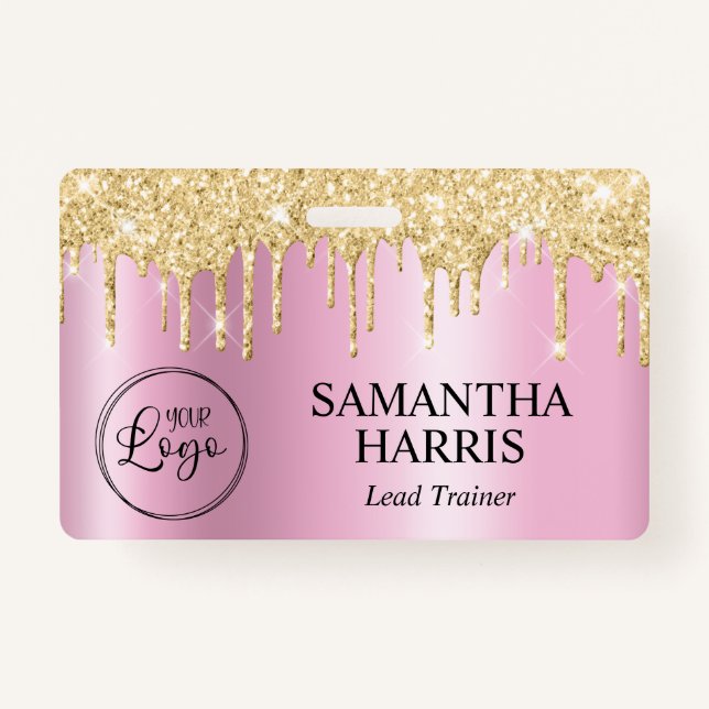 Gold Glitter Drips Pink Shimmer Badge (Front)