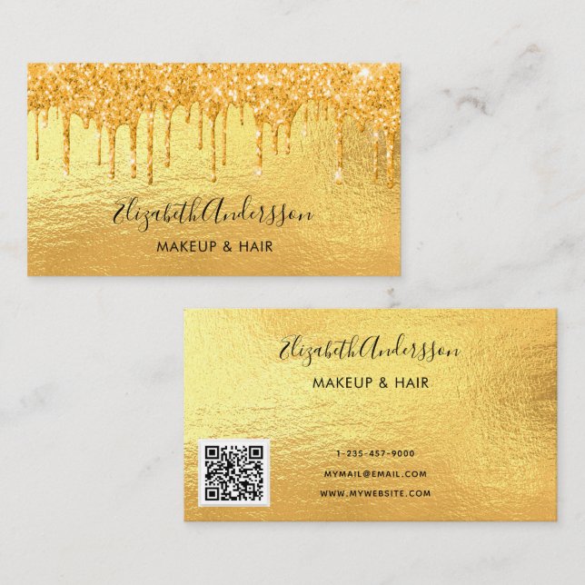 Gold glitter drips QR colde script Business Card (Front/Back)