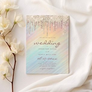 Gold Glitter Drips Rainbow Holographic Wedding Invitation