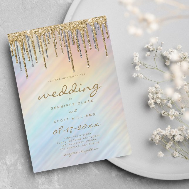 Gold Glitter Drips Rainbow Holographic Wedding Invitation (Gold Glitter Drips Rainbow Holographic Wedding Invitation )
