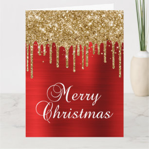 Gold Glitter Drips Red Metallic Merry Christmas Card