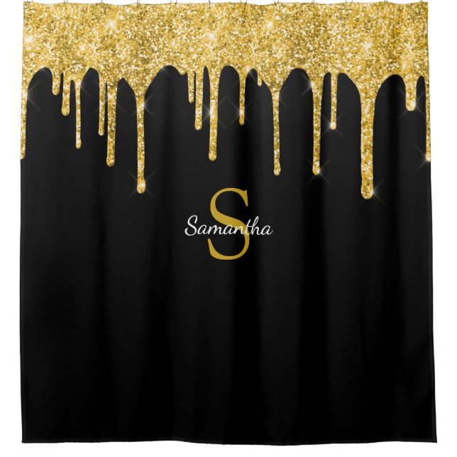 Gold Glitter Drips Sparkle Black Monogram Name (Front)