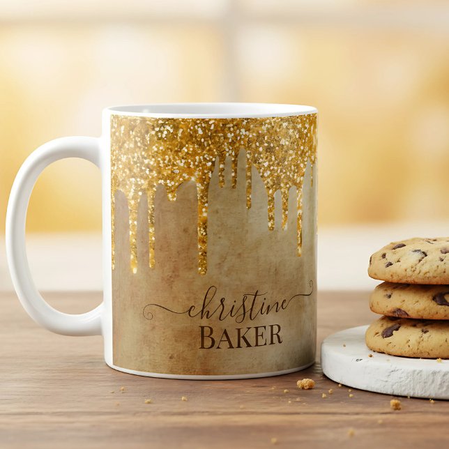Gold glitter drips with rustic touch coffee mug (mug with fake gold glitter and name)