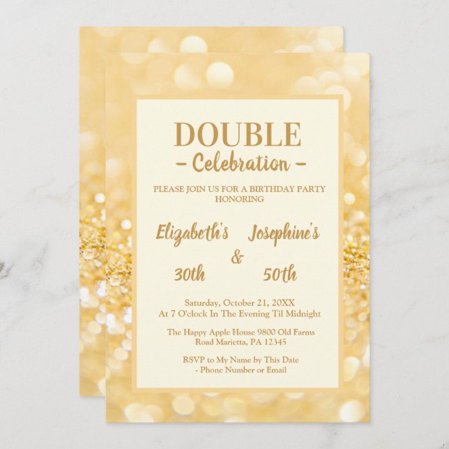 Gold Glitter Dual Birthday Soiree Invitation (Front/Back)