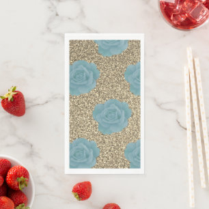 Gold Glitter Dusty Blue Rose Bridal Shower Wedding Napkin