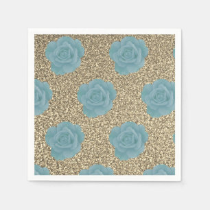 Gold Glitter Dusty Blue Rose Bridal Shower Wedding Napkin
