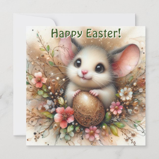 Gold Glitter Easter Egg and Mouse Pink Floral Holiday Card (Front)