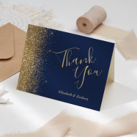 Gold Glitter Edge Navy Blue Wedding Thank You