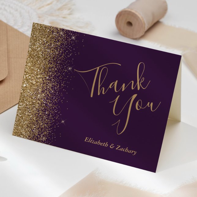 Gold Glitter Edge Purple Wedding Thank You Card (Creator Uploaded)