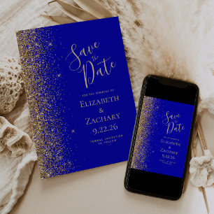 Gold Glitter Edge Royal Blue Save the Date Announcement