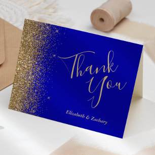 Gold Glitter Edge Royal Blue Wedding Thank You Card