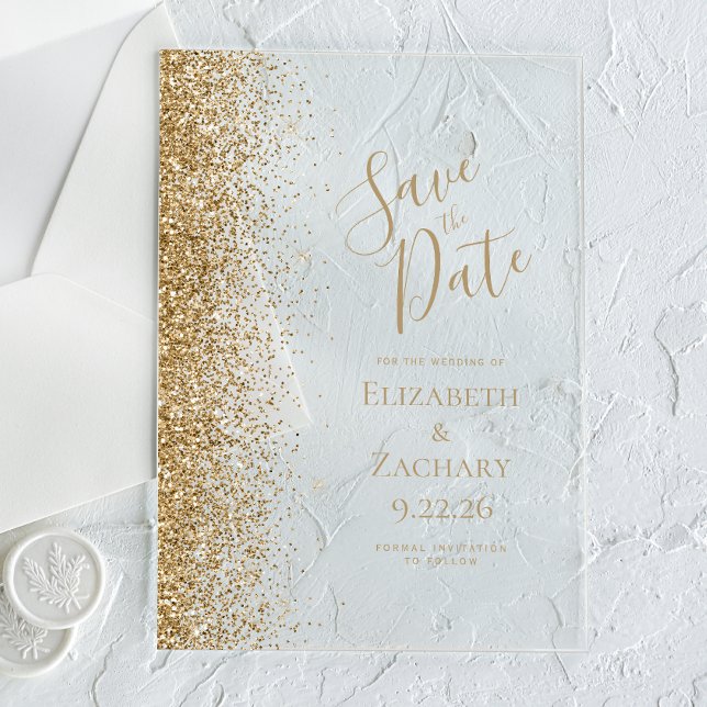 Gold Glitter Edge Wedding Save the Date Acrylic Invitations (Creator Uploaded)