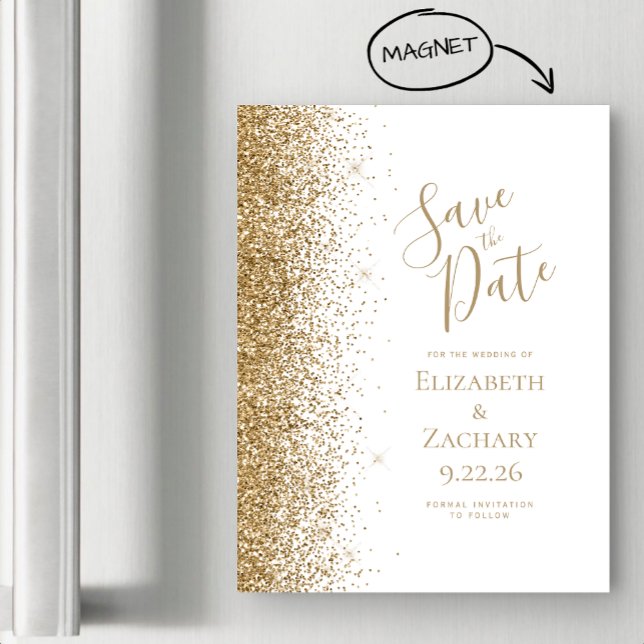 Gold Glitter Edge White Magnetic Save the Date (Creator Uploaded)