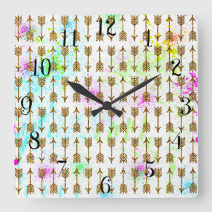 Gold glitter effect arrows watercolors splatters square wall clock