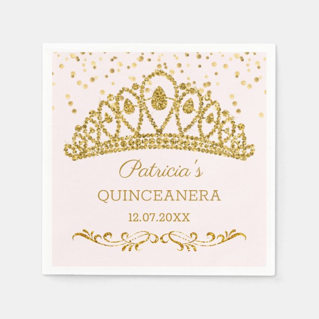 Gold glitter effect tiara, confetti Quinceanera Napkin (Front)
