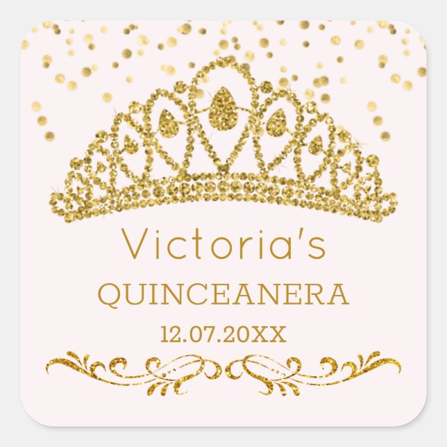 Gold glitter effect tiara,  confetti Quinceanera Square Sticker (Front)