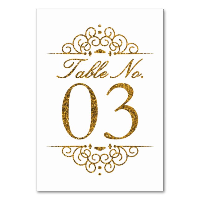 Gold Glitter Effect Wedding Table Number Card (03) (Front)