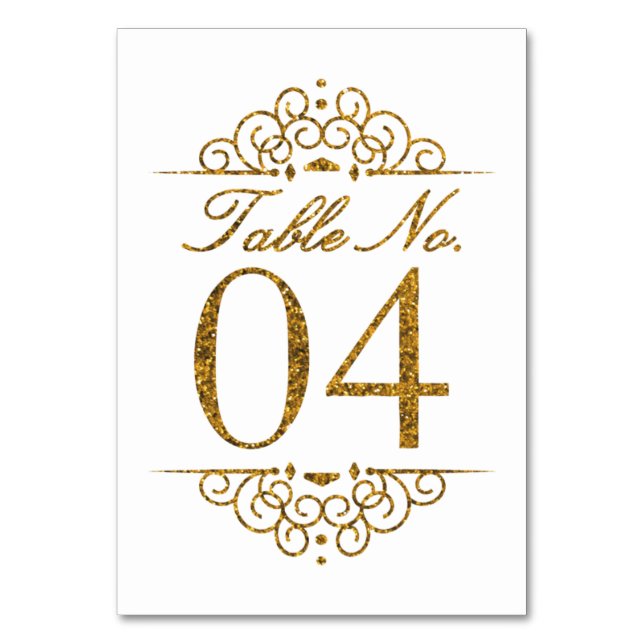 Gold Glitter Effect Wedding Table Number Card (04) (Front)