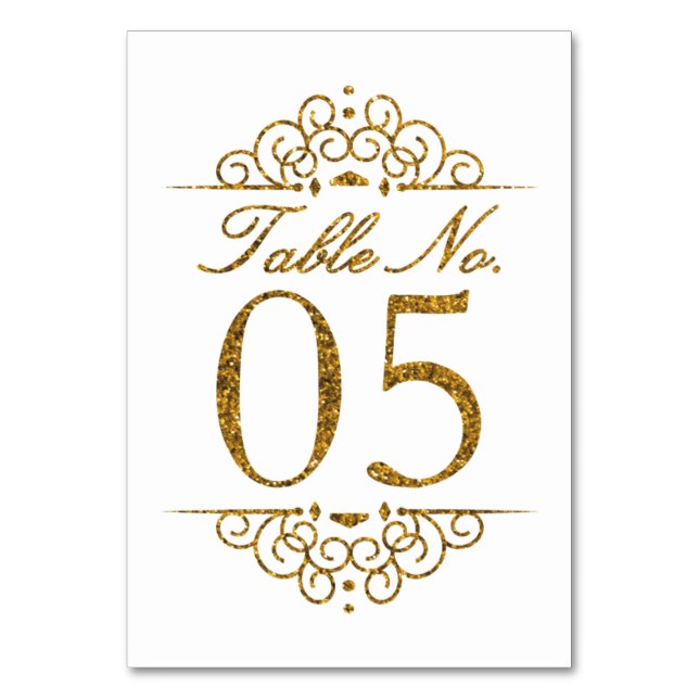 Gold Glitter Effect Wedding Table Number Card (05) (Front)
