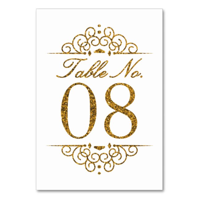 Gold Glitter Effect Wedding Table Number Card (08) (Front)