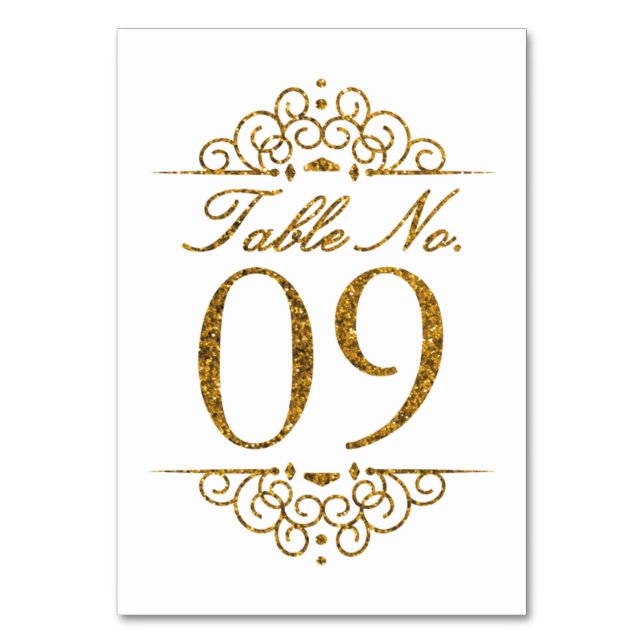Gold Glitter Effect Wedding Table Number Card (09) (Front)