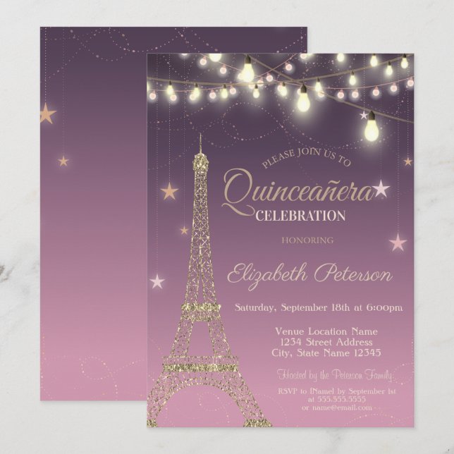 Gold Glitter Eiffel Tower,Burgundy  Quinceañera Invitation (Front/Back)