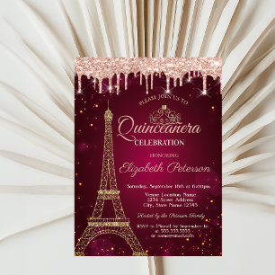 Gold Glitter Eiffel Tower Tiara Drips Quinceañera Invitation
