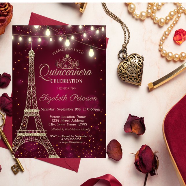 Gold Glitter Eiffel Tower,Tiara Red Quinceañera Invitation (Creator Uploaded)