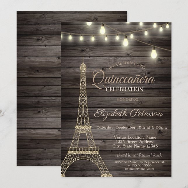 Gold Glitter Eiffel Tower,Wood  Quinceañera  Invitation (Front/Back)