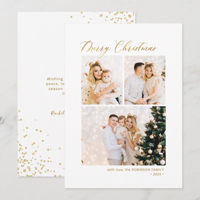 Gold Glitter Elegant 3 Multi Photo Christmas  Holiday Card (Front/Back)