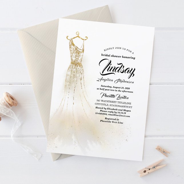 Gold Glitter Elegant Dress White Bridal shower Invitation (Creator Uploaded)