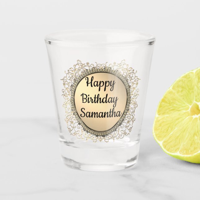 Gold Glitter Elegant  Personalized Birthday Shot Glass (Front)