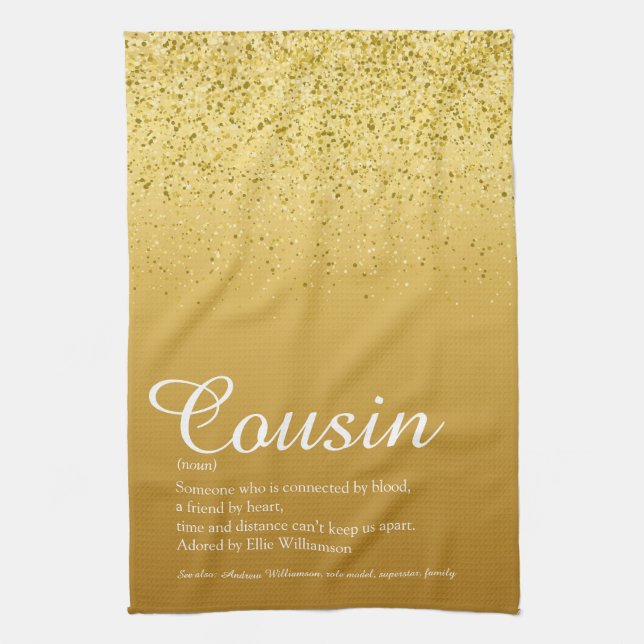 Gold Glitter Elegant Script Cousin Definition  Kitchen Towel (Vertical)