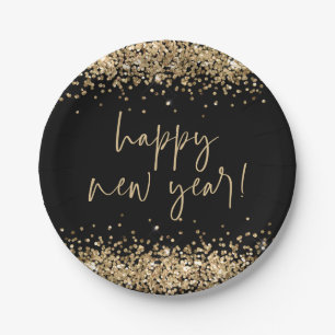 Gold Glitter Elegant Script Happy New Year Black Paper Plate