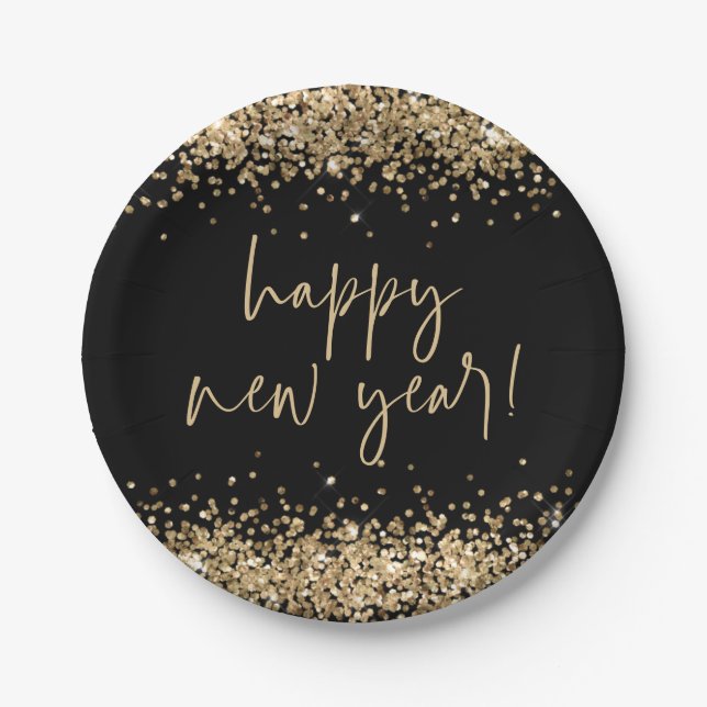 Gold Glitter Elegant Script Happy New Year Black Paper Plate (Front)