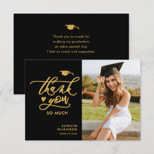 Gold Glitter Elegant Script Photo Graduation Thank You Card