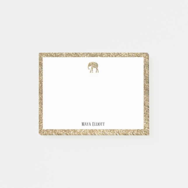 Gold Glitter Elephant & Border with White Post-it Notes (Front)