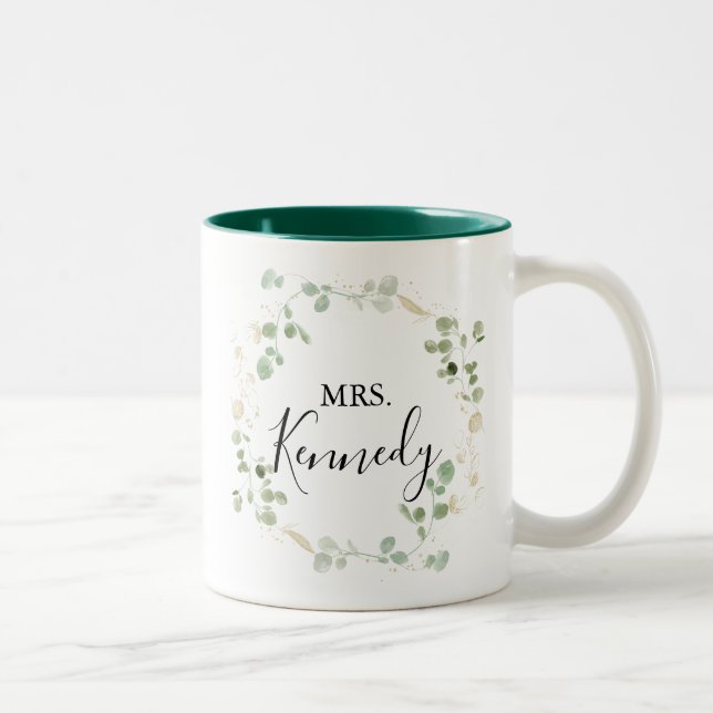 Gold Glitter Eucalyptus Foliage Mrs Newlywed Bride Two-Tone Coffee Mug (Right)