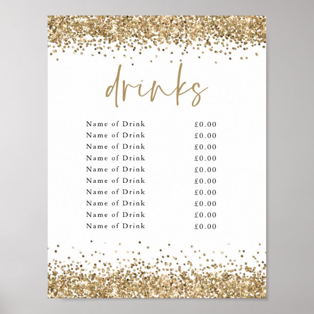 Gold Glitter Event Party Drinks Prices Bar Sign (Front)