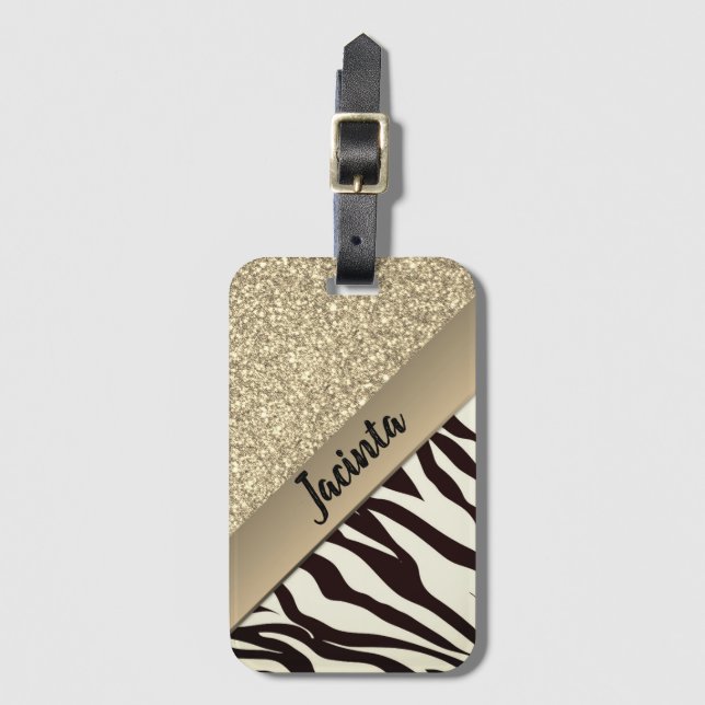 Gold Glitter Exotic Zebra Print Personalized  Luggage Tag (Front Vertical)