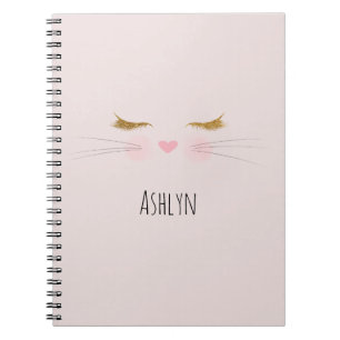 Gold Glitter Eyelashes Pink Nose Kitty Cat Face Notebook