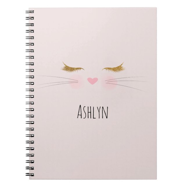 Gold Glitter Eyelashes Pink Nose Kitty Cat Face Notebook (Front)