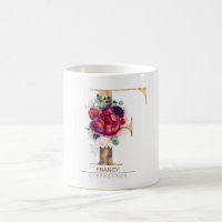 Gold Glitter F Monogram Floral Burgundy Red