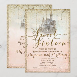 Gold Glitter Fairytale Storybook Castle Sweet 16 Invitation