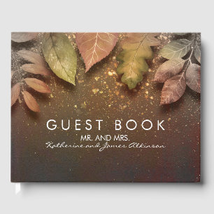Gold Glitter Fall Leaves Vintage Wedding Guest Book